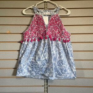 THML‎ Hawaiian Bliss Tank Top Embroidered Tassels Sleeveless Blue White Small